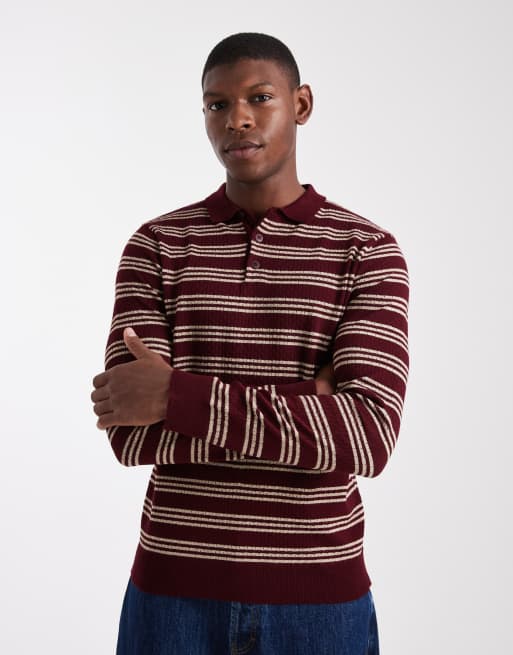 ASOS DESIGN – Bordowa dzianinowa koszulka polo z długimi rękawami w paski