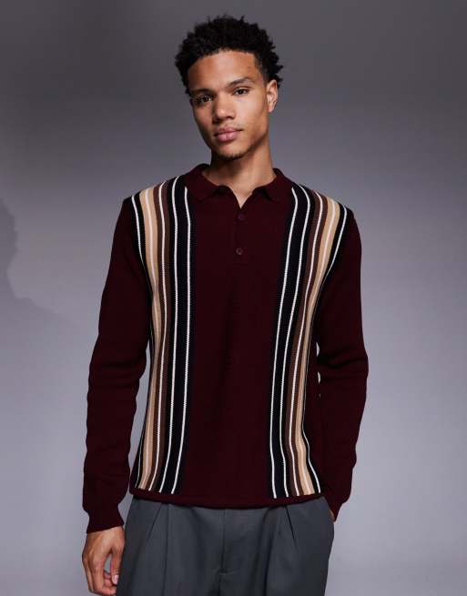 ASOS DESIGN – Bordowa dzianinowa koszulka polo z długimi rękawami w paski