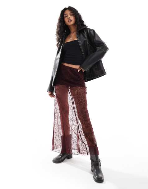 ASOS DESIGN lace seam detail maxi skirt in burgundy