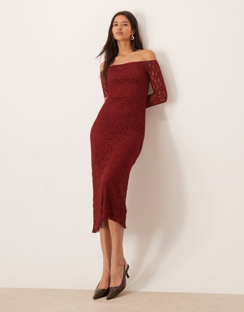 ASOS DESIGN – Bordowa koronkowa sukienka maxi z dekoltem bardot - view 1