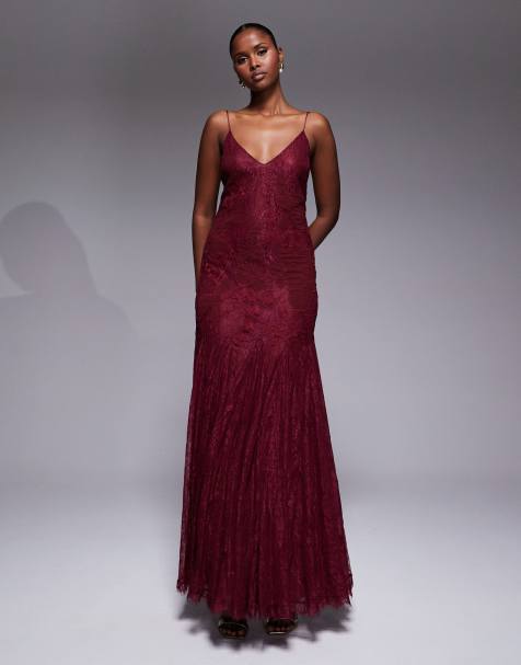 ASOS DESIGN floral embroidered lace maxi dress with godet hem in burgundy