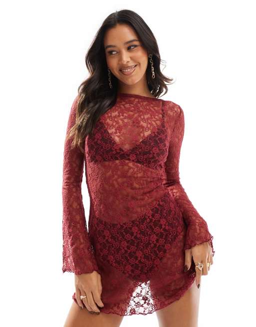 ASOS DESIGN – Bordowa koronkowa sukienka mini z rozkloszowanymi rękawami