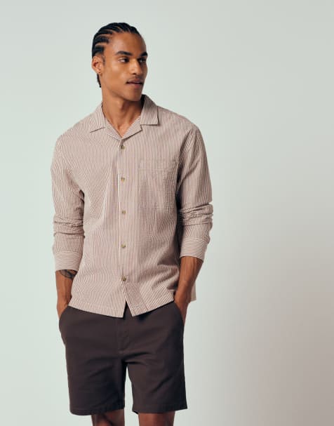 ASOS DESIGN – Bordowa koszula z kory o luźnym kroju z kołnierzykiem kubańskim w paski - view 1