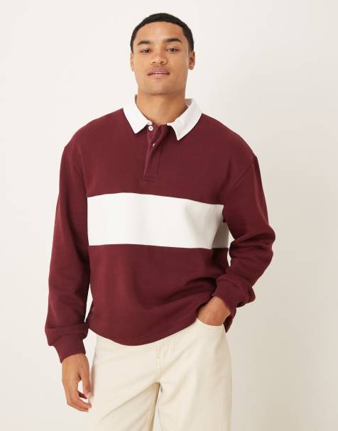 ASOS DESIGN oversized fit polo shirt with cut and sew detail in burgundy