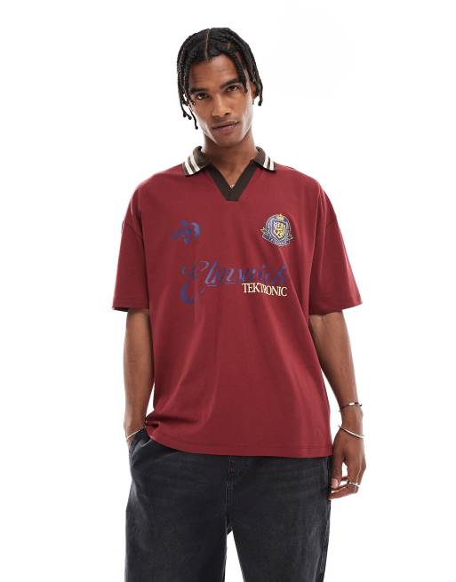ASOS DESIGN – Bordowa koszulka polo oversize z lamówkami na kołnierzu i sportową grafiką
