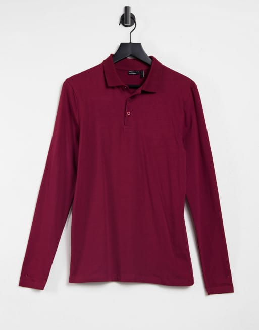 ASOS DESIGN – Bordowa koszulka polo z długim rękawem o kroju podkreślającym sylwetkę - RED