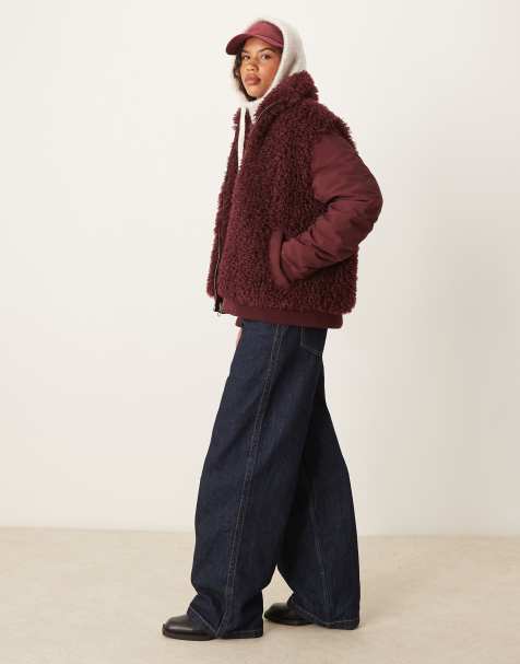 ASOS DESIGN – Bordowa kurtka bomberka ze wstawką z kożuszka - view 1