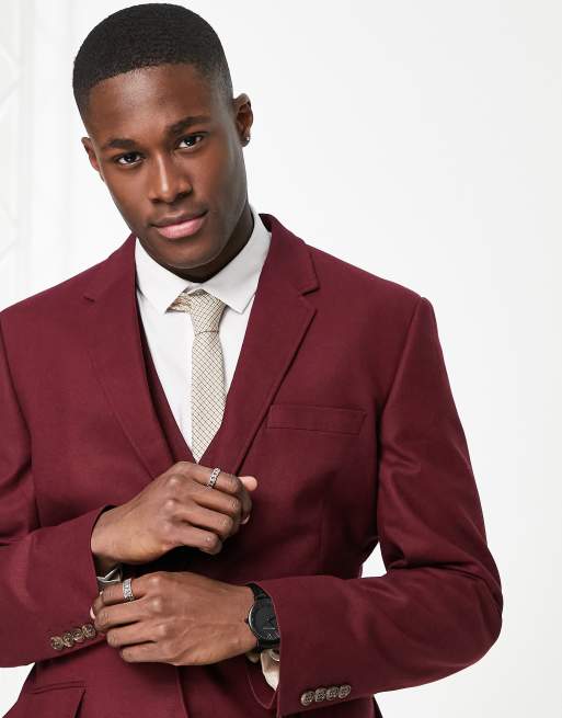ASOS DESIGN – Bordowa marynarka garniturowa o dopasowanym kroju z mieszanki lnu