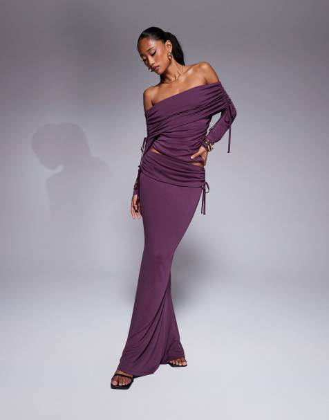 ASOS DESIGN soft handle fold over waist fishtail maxi skirt with side ruching in burgundy