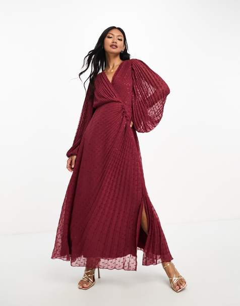 ASOS DESIGN pleated metallic dobby chiffon wrap button detail maxi dress in burgundy