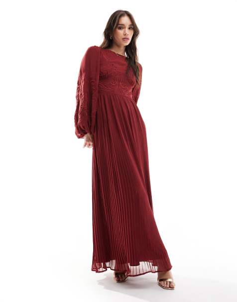 ASOS DESIGN – Bordowa plisowana sukienka maxi w haftowany wzór - view 1