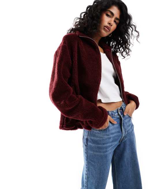 ASOS DESIGN – Bordowa polarowa bluza ze sztucznego kożuszka z suwakiem pod szyją