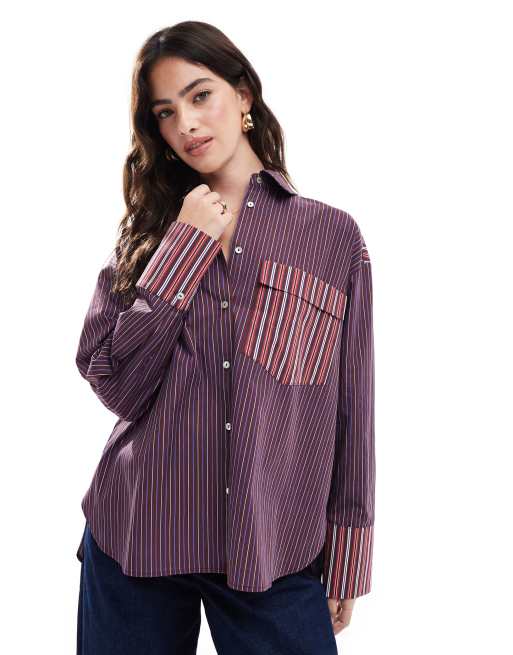 ASOS DESIGN – Bordowa popelinowa koszula oversize w kolorowe paski