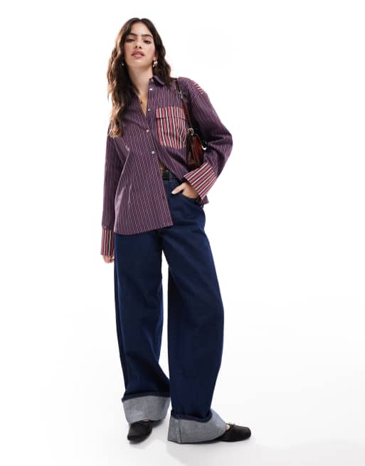 ASOS DESIGN – Bordowa popelinowa koszula oversize w kolorowe paski, 4 z 4