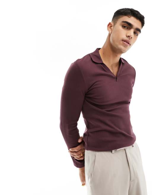 ASOS DESIGN – Bordowa prążkowana koszulka polo o kroju podkreślającym sylwetkę z długimi rękawami i kołnierzykiem kubańskim