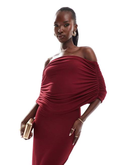 ASOS DESIGN – Bordowa prążkowana sukienka maxi bez rękawów z dekoltem bardot