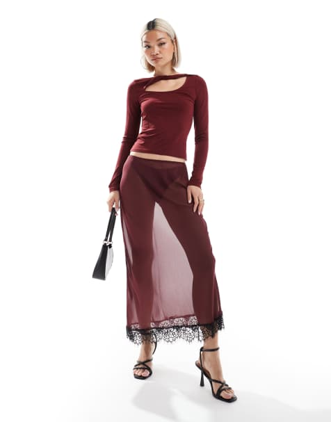 ASOS DESIGN sheer chiffon lace trim maxi skirt in burgundy