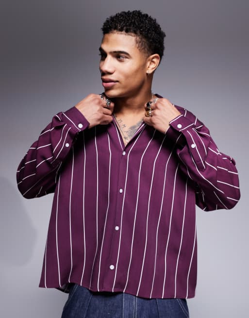 ASOS DESIGN – Bordowa pudełkowa koszula oversize w paski z kołnierzykiem kubańskim
