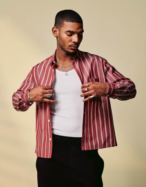 ASOS DESIGN boxy stripe shirt in burgundy