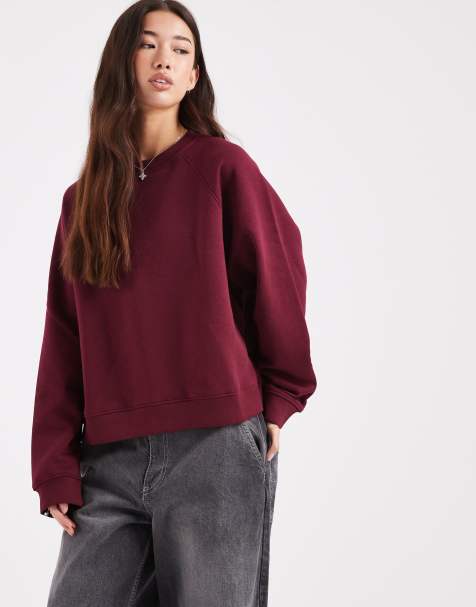 ASOS DESIGN oversized brushback sweatshirt with raglan detail in burgundy