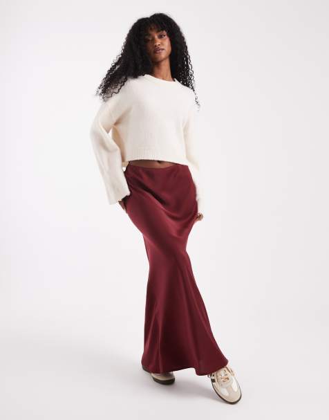 ASOS DESIGN satin bias maxi skirt in burgundy