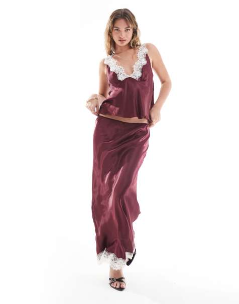 ASOS DESIGN satin lace mix maxi skirt in burgundy co ord