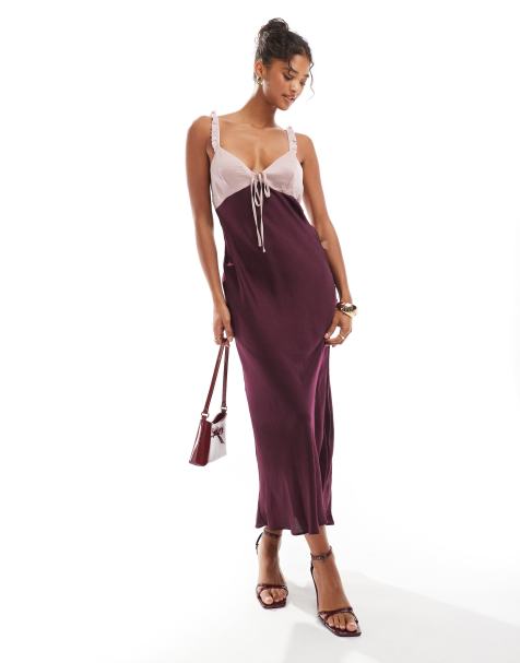 ASOS DESIGN contrast bust cup frill satin midi dress in burgundy
