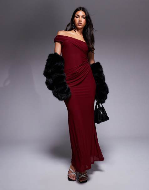 ASOS DESIGN – Bordowa siateczkowa sukienka maxi na jedno ramię z zebrana spódnicą - view 1