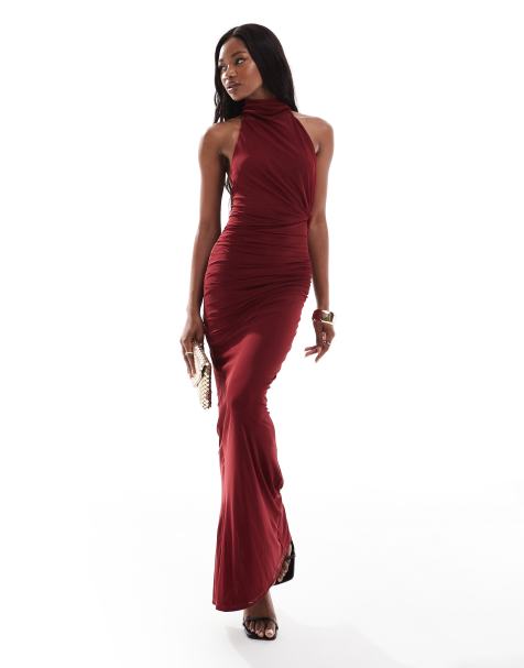 ASOS DESIGN – Bordowa siateczkowa sukienka maxi z dekoltem typu halter, skręconym biustem i wiązanym dekoltem - view 1