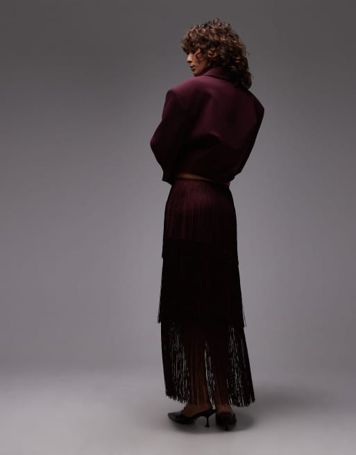 ASOS DESIGN – Bordowa spódnica midi z frędzlami, 2 z 5