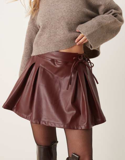 ASOS DESIGN leather look pleated mini skirt in burgundy
