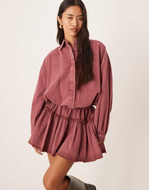 ASOS DESIGN – Bordowa sukienka koszulowa mini z długimi rękawami i wiązaniem w talii