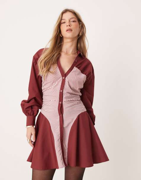ASOS DESIGN – Bordowa sukienka koszulowa mini z marszczonymi wstawkami w paski - view 1