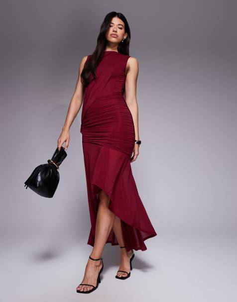 ASOS DESIGN – Bordowa sukienka maxi z marszczeniem i asymetrycznym dołem - view 1