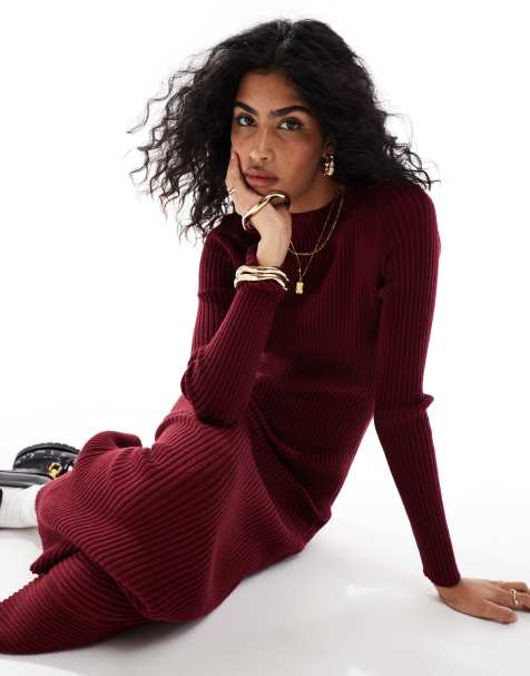 ASOS DESIGN knitted crew neck maxi dress in rib in burgundy