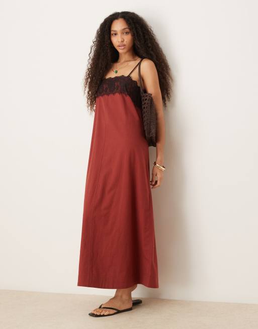 ASOS DESIGN – Bordowa sukienka midi na ramiączkach z koronkowym wykończeniem