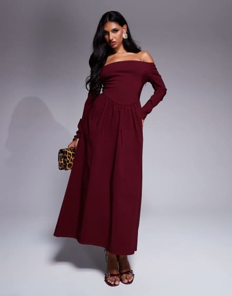 ASOS DESIGN bengaline long sleeve bardot midi dress in burgundy