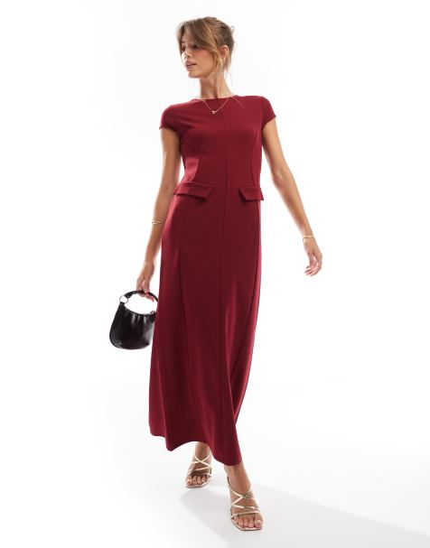ASOS DESIGN – Bordowa sukienka midi z krótkimi rękawkami i kieszeniami - view 1