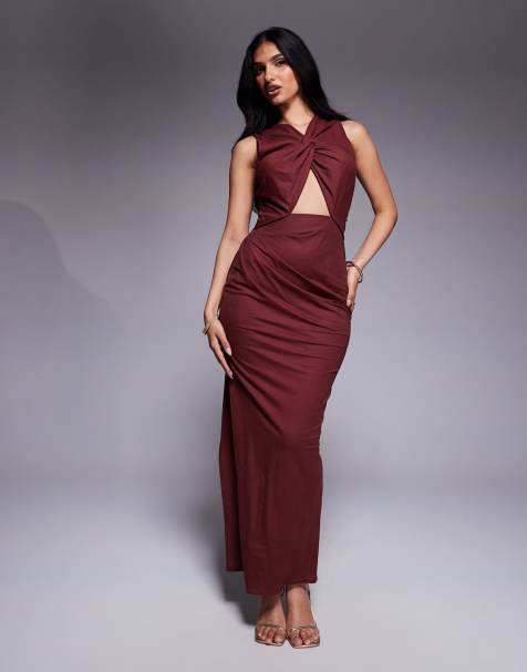 ASOS DESIGN stretch linen twist detail midi dress with gold trim back in wine