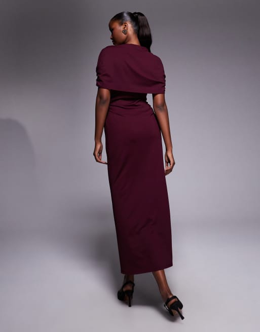ASOS DESIGN – Bordowa sukienka midi z ozdobną pelerynką, 4 z 4