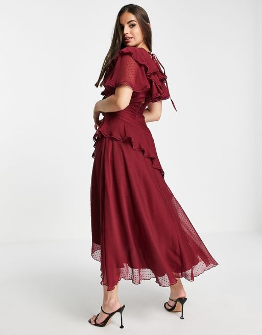 ASOS DESIGN – Bordowa sukienka midi z szyfonu dobby z drapowanym detalem i  wiązaniem | ASOS