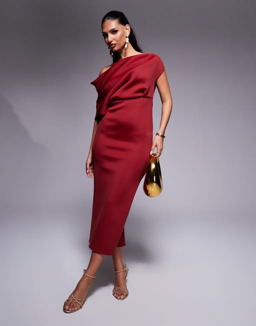ASOS DESIGN – Bordowa sukienka midi z tkaniny typu nurek z ozdobnym dekoltem