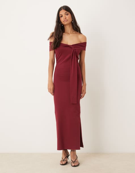 ASOS DESIGN – Bordowa sukienka midi ze skręconym detalem i dekoltem bardot - view 1