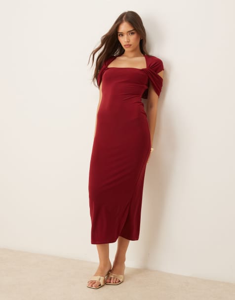 ASOS DESIGN – Bordowa sukienka midi ze skręconymi ramiączkami - view 1