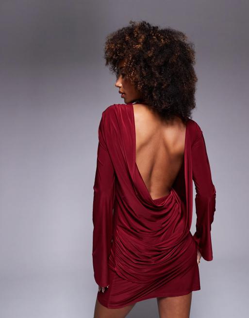 ASOS DESIGN – Bordowa sukienka mini z odsłoniętymi ramionami i podwójnym drapowaniem z tyłu