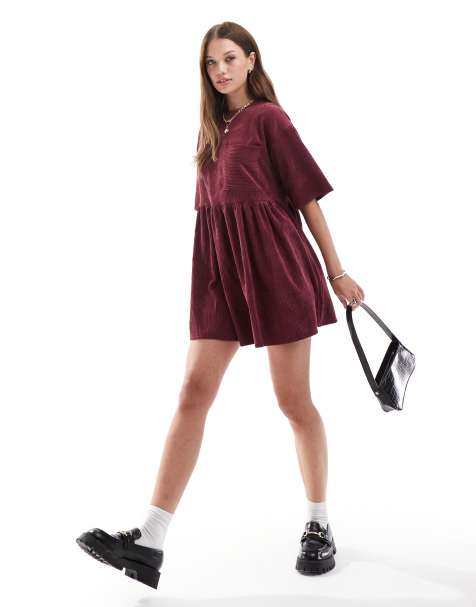 ASOS DESIGN cord t-shirt mini dress in burgundy
