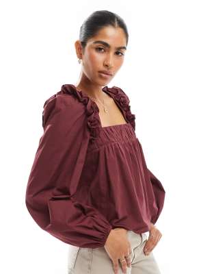 ASOS DESIGN – Bordowa trapezowa bluzka z popeliny z falbankami na ramionach