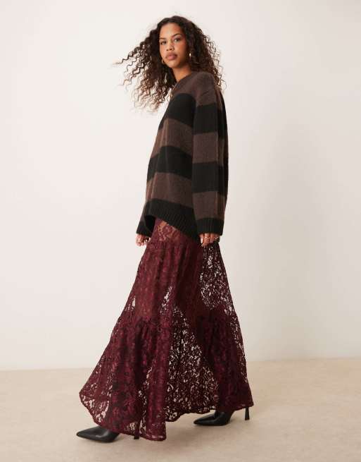 ASOS DESIGN – Bordowa warstwowa koronkowa spódnica maxi