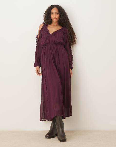 ASOS DESIGN ruffle v neck maxi dress with tie front in grape