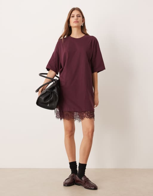 ASOS DESIGN – Bordowa wykończona koronką sukienka mini oversize, 4 z 4